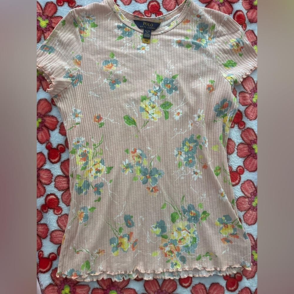 Girls Polo Ralph Lauren Floral Ribbed Short Sleeve Top in Blush Pink size xl 16